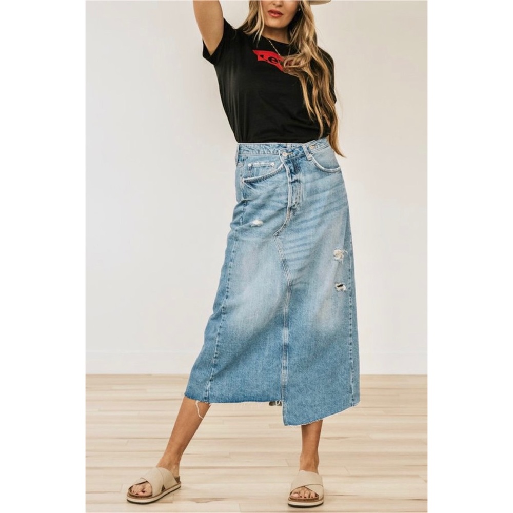 FREE PROPLE Reworked Denim Midi Skirt Distressed 4